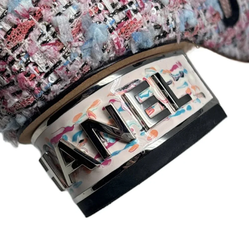 Chanel CC Pink Tweed Ankle Boots with Grosgrain Cap Toe Sz-37 - Picture 6 of 8